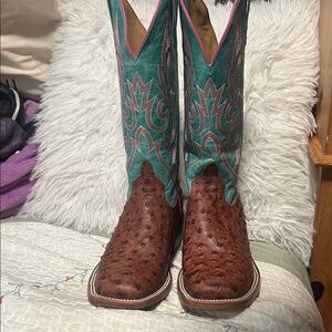 Macie Bean Brown Ostrich Leather Boots with Teal Shaft and Pink Trim